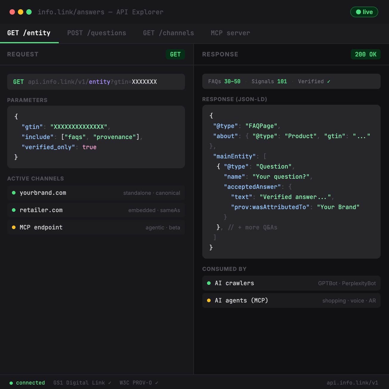 info.link/answers as an API endpoint or MCP server for AI shopping agents